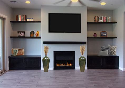 For family home in Gilbert. Floating shelves around a TV/ Fireplace ...