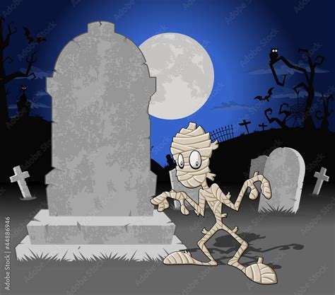 Halloween cemetery background with tombs and funny cartoon mummy Stock Vector | Adobe Stock