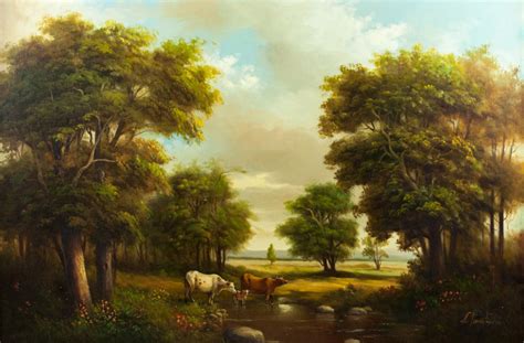 Large Vintage Gilded Wood Framed Pastoral Landscape Oil Painting