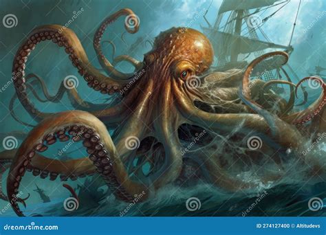 Octopus Kraken Using Tentacles To Battle Giant Squid Stock Photo ...