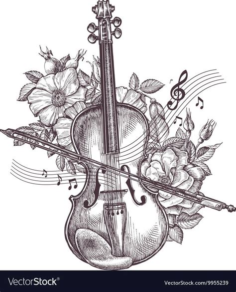 Vintage fiddle. Hand drawn retro the violin and flowers. Vector ...