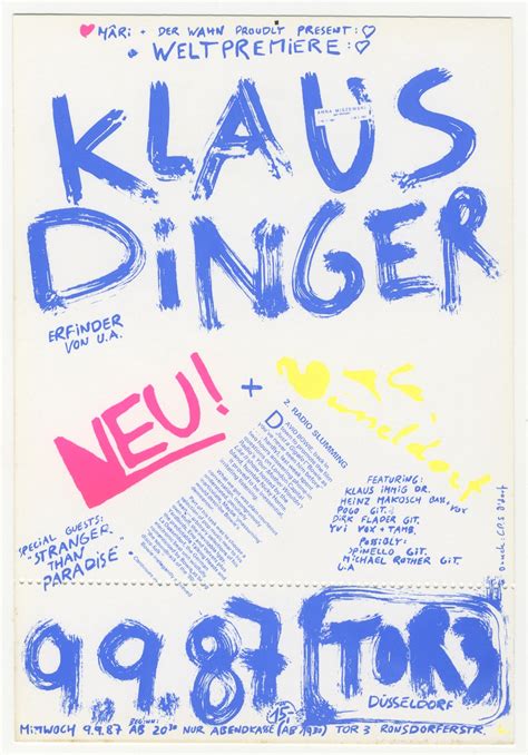 Klaus Dinger NEU! + La Düsseldorf at Tor 3 Handbill | Klaus Dinger