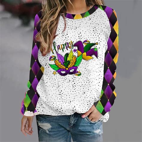 TrendVibe365 Mardi Gras Sweatshirts for Women Loose Fit Fancy Mask Color Block Gradient Tunic ...