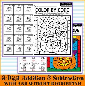 3-Digit Addition & Subtraction Halloween Color By Number - Fall Math ...