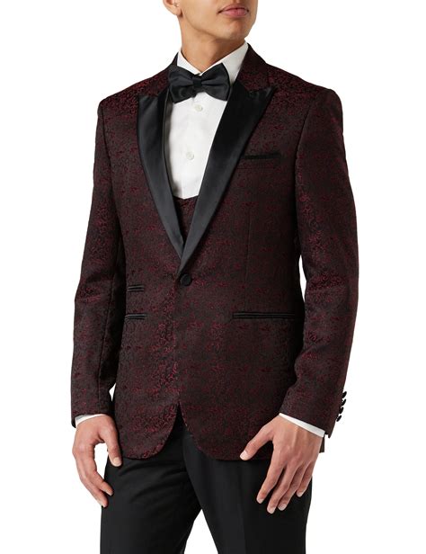 BRIAN - Floral Jacquard Print Red Tuxedo Jacket With Waistcoat