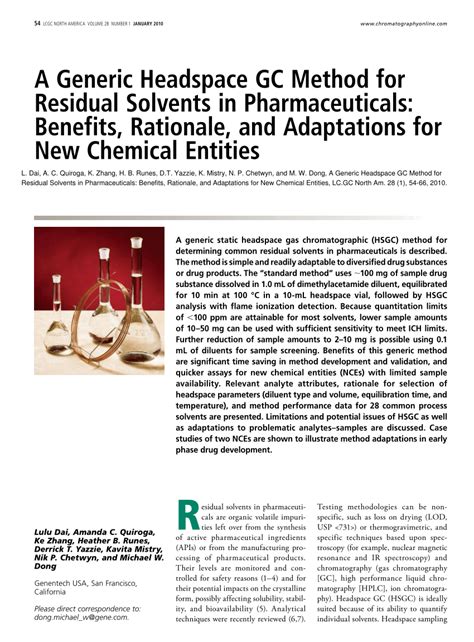 (PDF) A Generic Headspace GC Method for Residual Solvents in Pharmaceuticals: Benefits ...