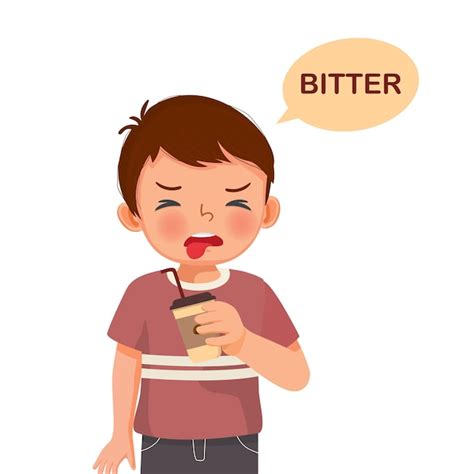 Premium Vector | Cute little boy holding coffee paper cup showing bitter taste of tongue five senses