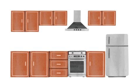 Empty kitchen cabinet watercolor vector isolated on white background. Cabinets, kitchen hood ...