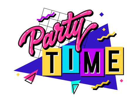 Vibrant image with a 90s-inspired lettering featuring the phrase - Party time - in bold, bright ...