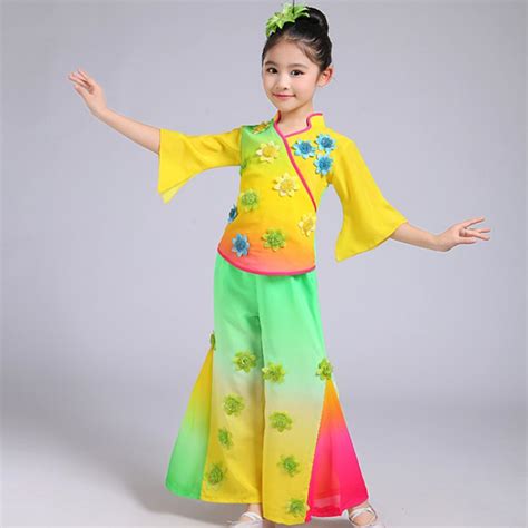 Kids Chinese folk dance costumes for girls rainbow colored fan ...