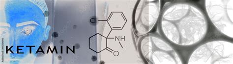 Ketamine. Dissociative ketamine. Chemical formula, molecular structure. Ilustration background ...