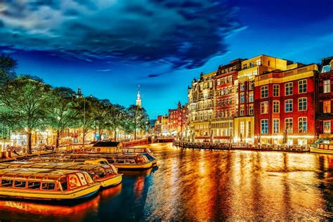 Famous Amstel River and Night View of Beautiful Amsterdam City ...