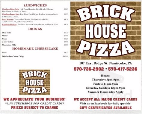 Brick House Pizza menu in Nanticoke, Pennsylvania, USA