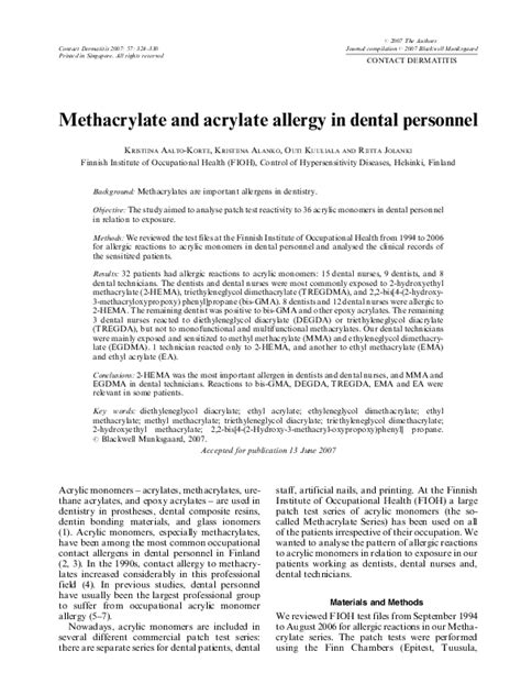 (PDF) Methacrylate and acrylate allergy in dental personnel | Riitta Jolanki - Academia.edu