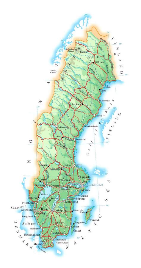 Detallado mapa de elevación de Suecia con carreteras, ciudades y aeropuertos | Suecia | Europa ...