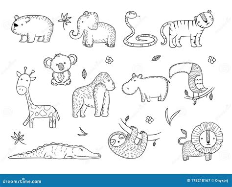 Jungle Animals. African Safari Wildlife Monkey Hippopotamus Tiger Lines Vector Drawing Pictures ...