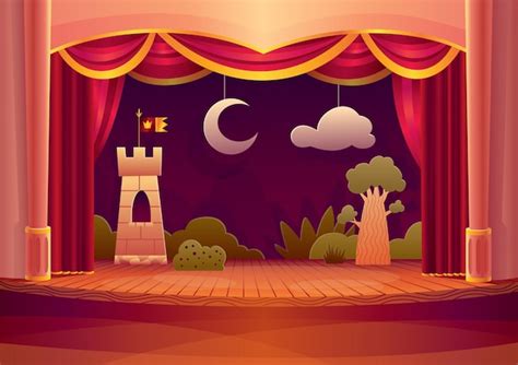 Premium Vector | Theater stage with red curtains and on light. cartoon ...