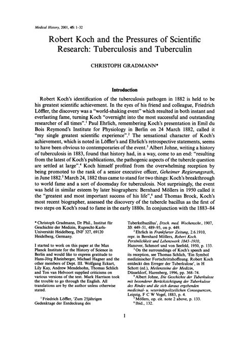 (PDF) Robert Koch and the Pressures of Scientific Research: Tuberculosis and Tuberculin