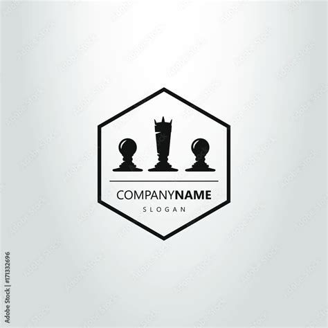 black and white simple flat logo of chess pieces in a hexagon frame ...