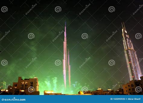 Explosion of Multi-colored Fireworks at Burj Khalifa Dubai Against the Night Sky on a N ...