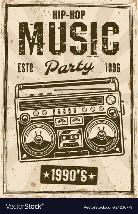 Hip-hop music party vintage poster with boombox Vector Image