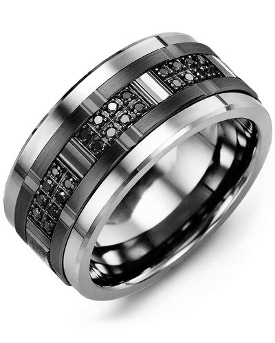 Men's Black Diamonds Wide Wedding Band in Tungsten White/Black Gold 24 Black Diamonds 0.24ct ...