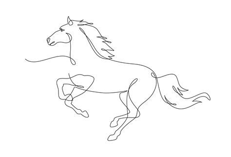 Continuous line drawing horse running, Side view single linear decorative design concept. Horse ...