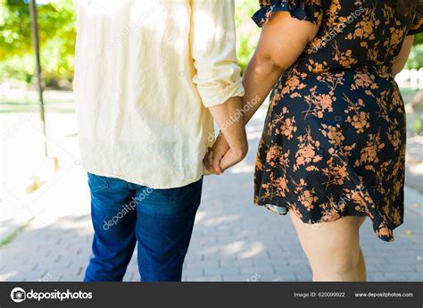 Loving Boyfriend Girlfriend Holding Hands Seen Walking Together Park ...