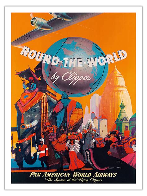 Round the World by Clipper - Pan American World Airways - Vintage Airline Travel Poster by Mark ...