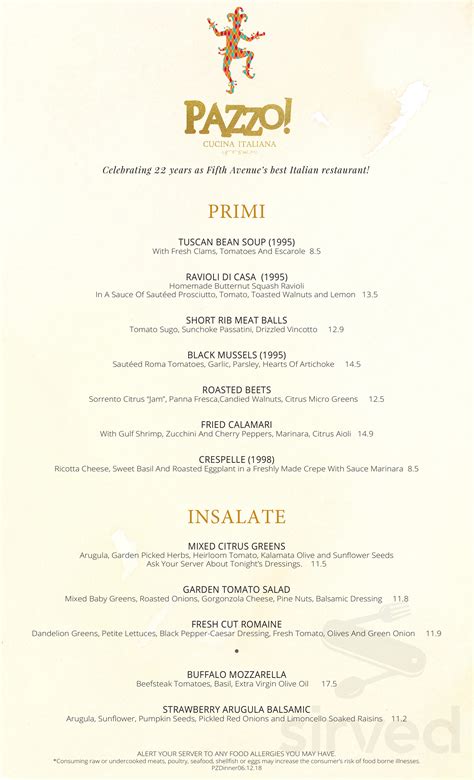 Pazzo! Cucina Italiana menu in Naples, Florida, USA