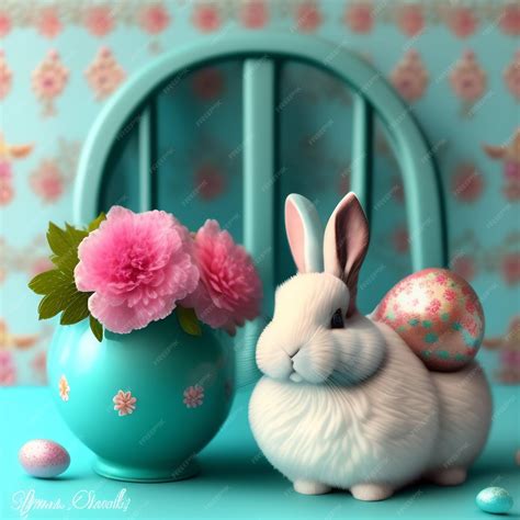 Premium AI Image | A bunny statue is next to a vase of flowers and a vase of flowers.