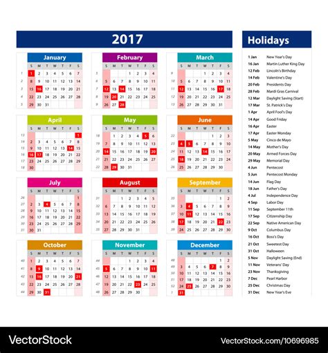 2017 calendar holidays usa - template of color Vector Image