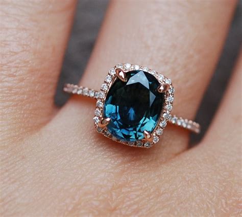 Blue Green sapphire engagement ring. Peacock sapphire cushion halo ...