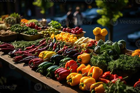 A bustling farmers market, rows of colorful fruits, vegetables, and ...