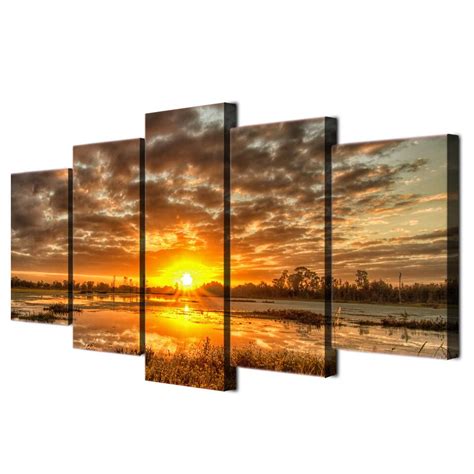 Sunrise Sunset On Water Framed 5 Piece Nature Canvas Wall Art Painting ...