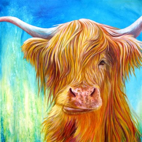 Highland Cow with Turquoise Green and Blue Cow Art Print of | Etsy