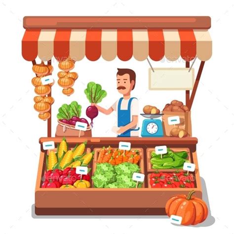 a man is selling vegetables at an outdoor stand with a clock on the ...