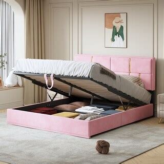 Lift Up Storage Bed Modern Upholstered Platform Bed with Headboard Wood Bed Frame with Hydraulic ...