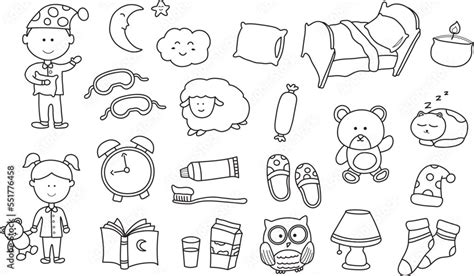 hand drawn kids drawing Vector illustration set of sleep time, bed time ...