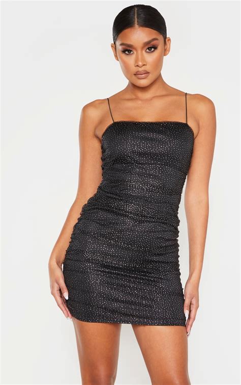 Black Glitter Mesh Ruched Strappy Bodycon Dress | PrettyLittleThing