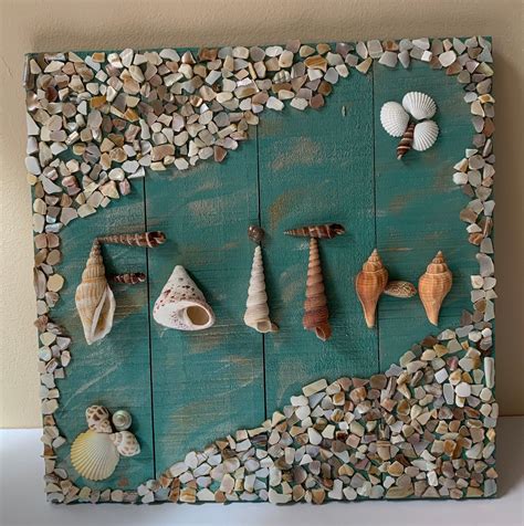 Shell Art FAITH, Wooden Wall Decor/ Wall Sign Made of Sea Shells and ...