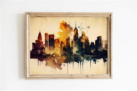 New York Skyline Watercolor Painting, American City Landscape, NYC Abstract Wall Decor Art ...