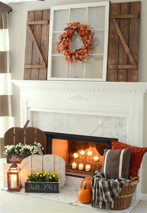 Rustic Fall Mantel with DIY Wood Pumpkins & DIY Barn Wood Shutters