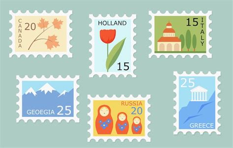 Free Vector | Set of creative post stamps with different countries landmarks and symbols.