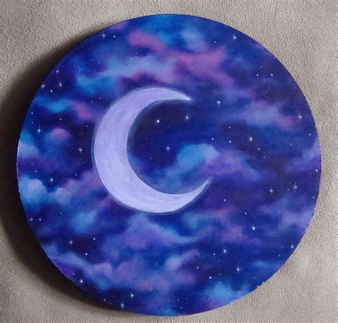 Crescent moon painting on wood round Celestial art | Etsy