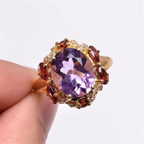 Amethyst Garnet , Zircon Gemstone 925 Sterling Silver Gold Plated Pave ...