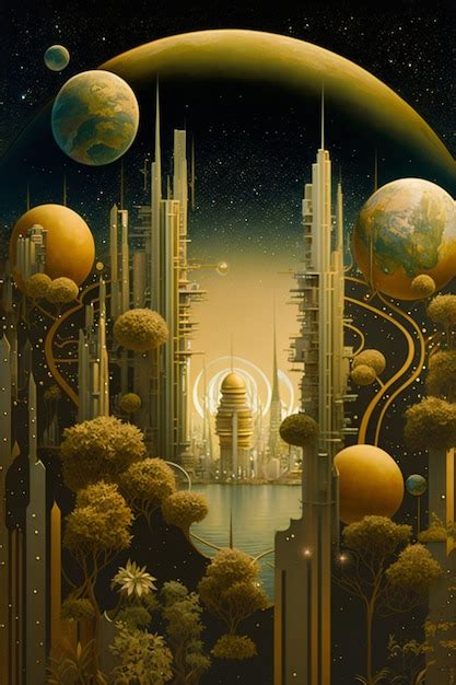 Premium AI Image | A painting of a city with a planet on the top