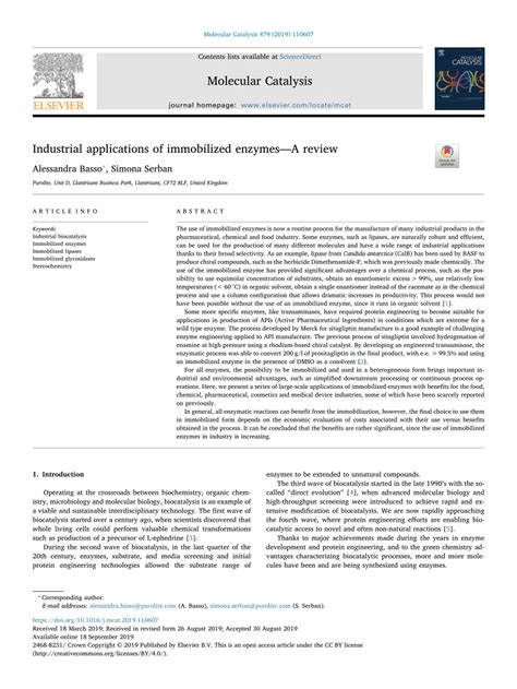 (PDF) Industrial applications of immobilized enzymes—A review