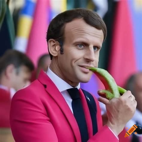 Emmanuel macron in a pink costume enjoying vegetables on Craiyon