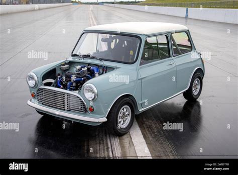 Mk1 Mini classic car set up for drag racing, on the strip at Santa Pod ...